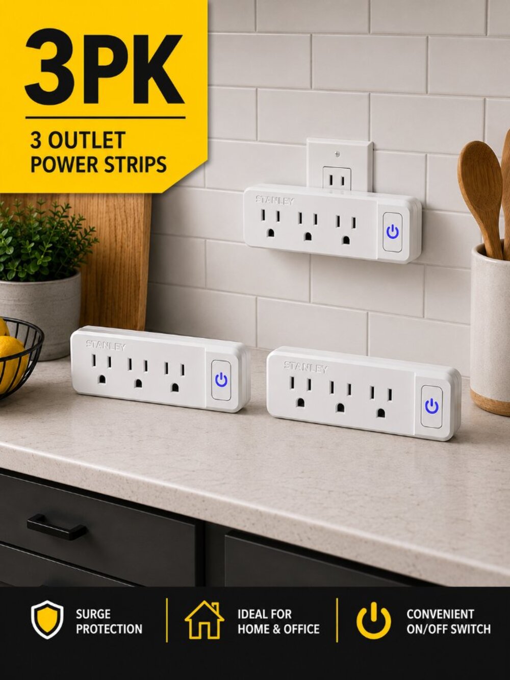 Stanley PlugMax ECO 3-Outlet Wall Adapter 30316 – 3-Pack | Lighted On/Off Switch